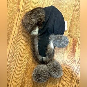 Kids Faux Fur Pom Pom Ear Flap Winter Hat Black